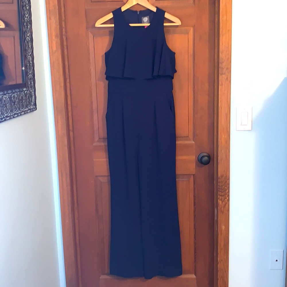 Vince Camuto navy blue wide leg jumpsuit. Sleeveless with ruffle across chest- 2